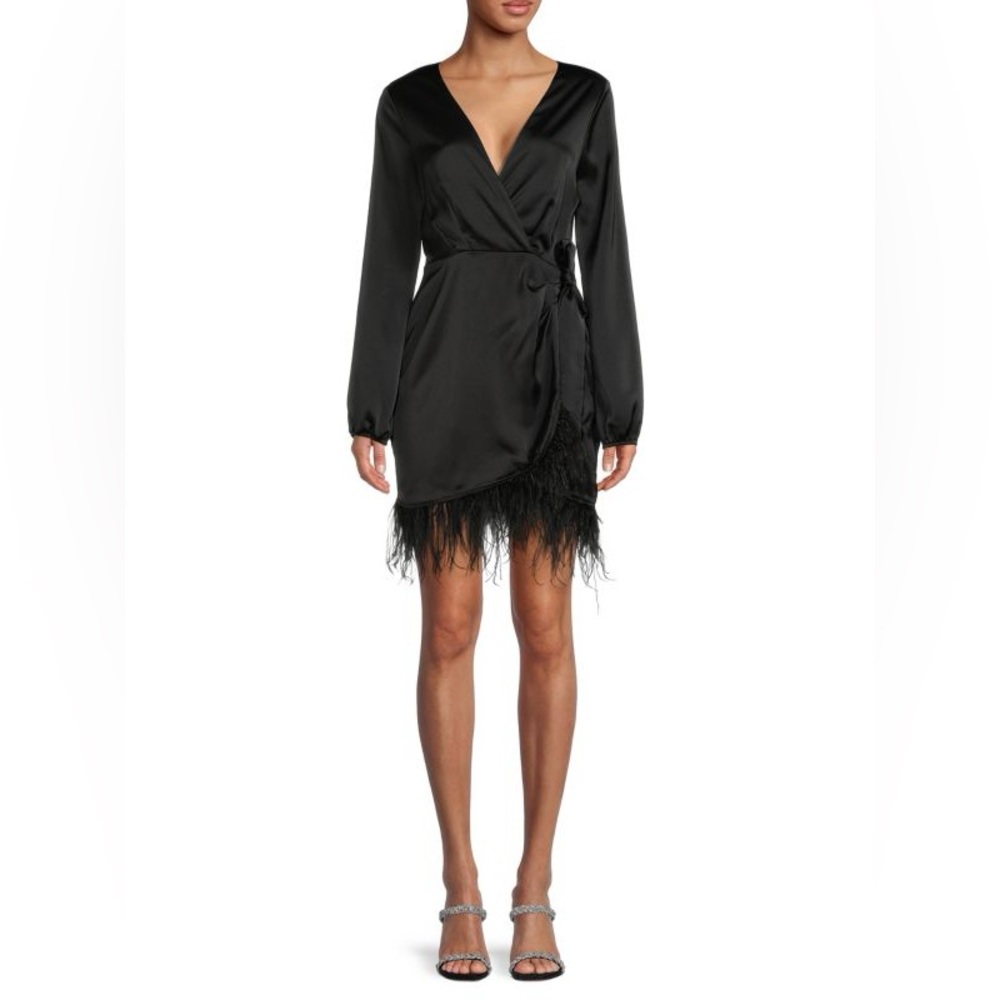 WAYF FEATHER TRIM FAUX WRAP MINI DRESS XL